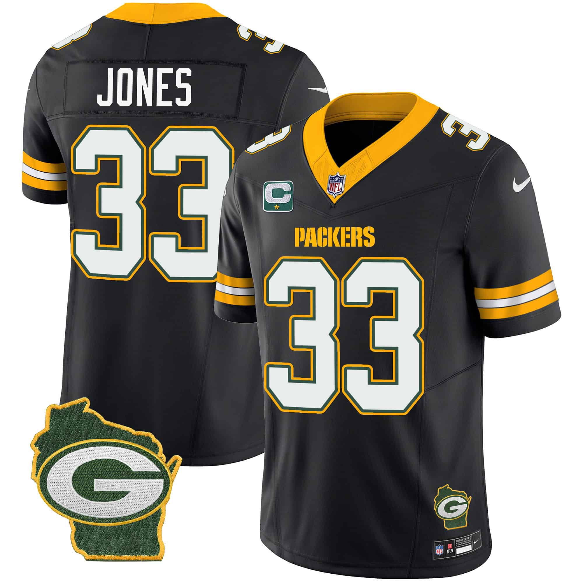 Men Green Bay Packers 33 Jones Black 2024 Nike Home Patch Vapor NFL Jersey style 1